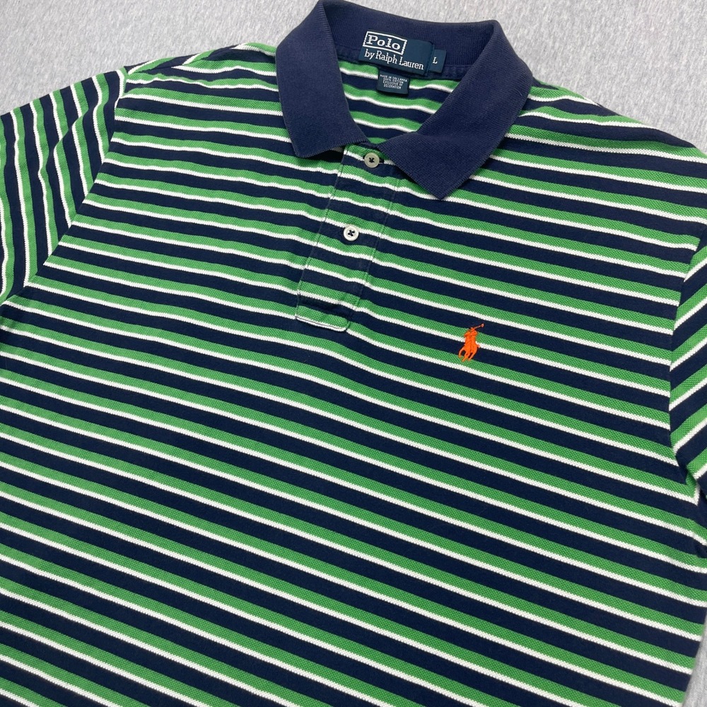 VTG 90s Polo Ralph Lauren Mens Large Striped Polo Shirt Navy Green Orange Pony